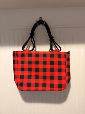 Red & Black Plaid Tote Bag with Knotted Black Handles